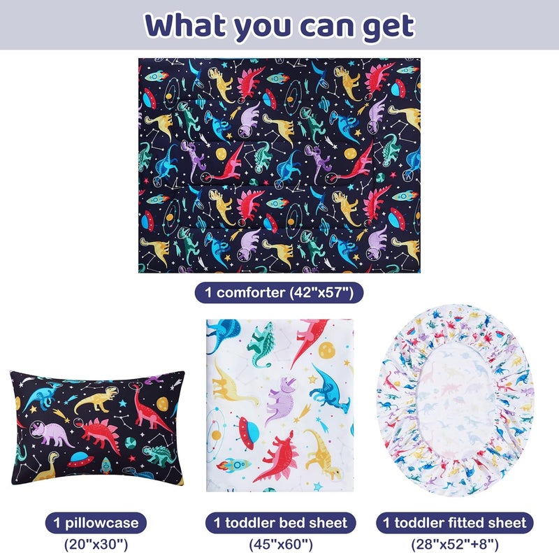 lasoftan Toddler Bedding Set, Toddler Bed Comforter Sets for Girls, Toddler Bed Set, Space Dinosaur Printed - Image 4